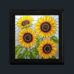 Jeweled Zonnebloemen Sieraden Cadeaudoosje<br><div class="desc">Elegante levendige juwelen centrum zonnebloemen patroon in een glas-in-lood effect. Fijn en vrolijk. Perfect voor winkelsieraden en andere schatten,  of als een persoonlijk geschenk.</div>