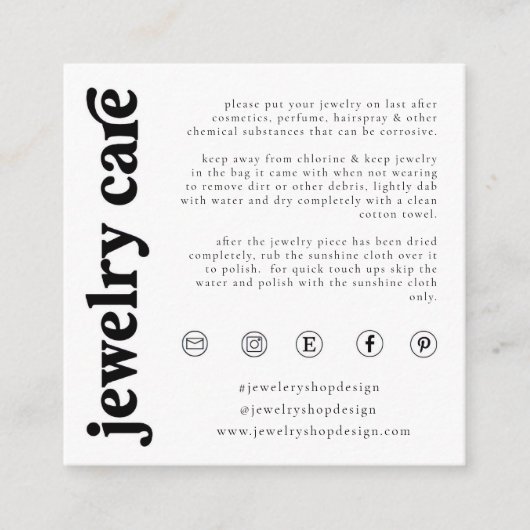 Jewelry Care Card, Order Insert, Small Business Informatiekaartje (Voorkant)