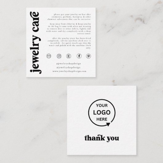 Jewelry Care Card, Order Insert, Small Business Informatiekaartje (Voorkant / Achterkant)