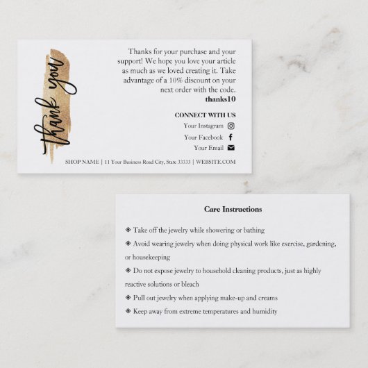 Jewelry Care Gold Gliter-script Hartelijk dank Visitekaartje (Voorkant / Achterkant)