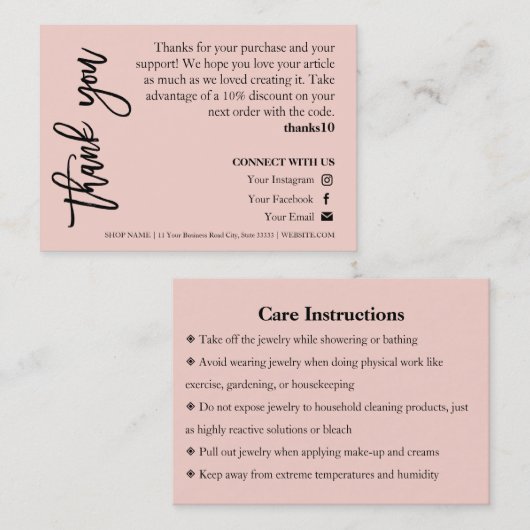 Jewelry Care Roze Chic Script Hartelijk dank Visitekaartje (Voorkant / Achterkant)