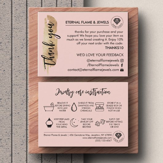 Jewelry Care White Chic Script Pink Thank You Card Visitekaartje
