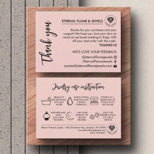 Jewelry Care White Chic Script Pink Thank You Card Visitekaartje