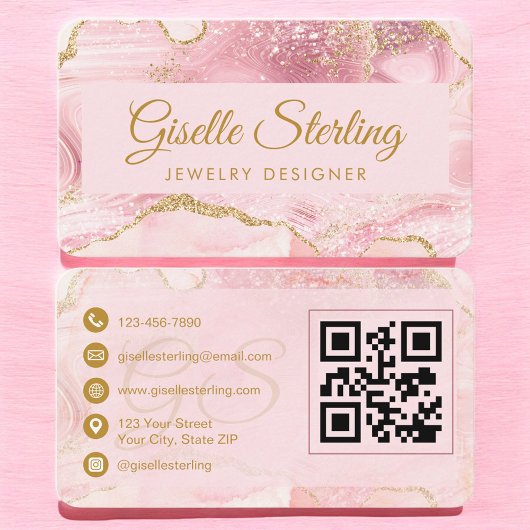 Jewelry Designer Pink Gold Agate QR Code Visitekaartje