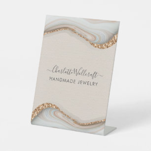 Jewelry Designer Pink Gold Glitter Agate Reclamebord Met Voetstuk