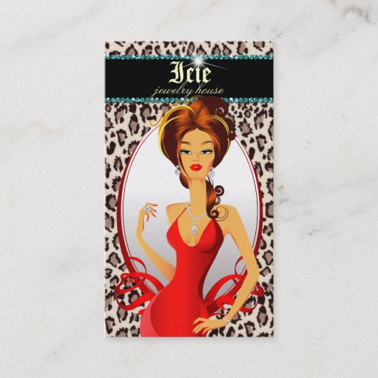 Jewelry Diamonds Red Leopard Beige Blauwgroen Visitekaartje (Voorkant)