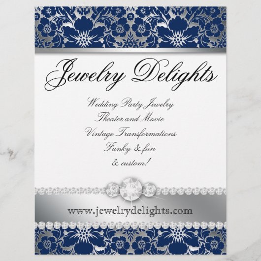 Jewelry Flyer Hair Salon Floral Damask Navy Silver (Voorkant)