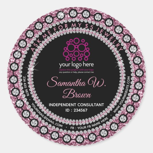 Jewelry Glitter Pink Ronde Sticker (Voorkant)