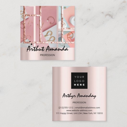 Jewelry Luxury Gold Pearl Roos Roze Lijst Vierkante Visitekaartje (Voorkant / Achterkant)