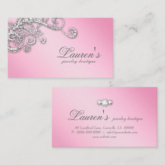 Jewelry Swirl Glitter Diamonds Roze Visitekaartje (Voorkant / Achterkant)