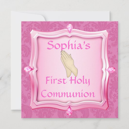 JEWELS DAMASK Heilige Communion PINK INVITATIONS Kaart (Voorkant)