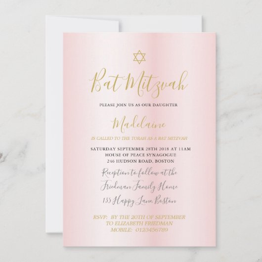 Jewish Bat Mitzvah Pink Gold Girls Hebreeuws Kaart (Voorkant)