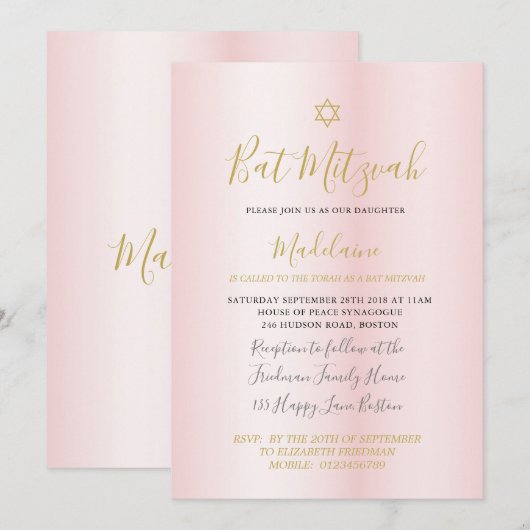 Jewish Bat Mitzvah Pink Gold Girls Hebreeuws Kaart (Voorkant / Achterkant)