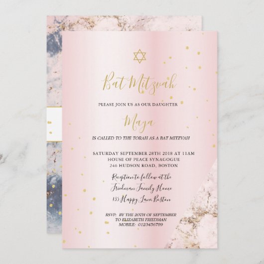Jewish Bat Mitzvah Pink Gold Hebreeuwse Uitnodigin Kaart (Voorkant / Achterkant)