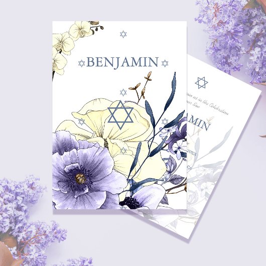 Jewish Boy Blue Floral Naming Ceremony Hebrew Kaart