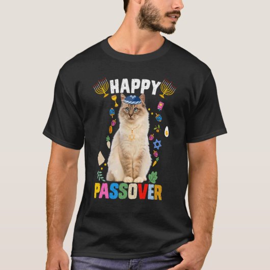 Jewish Cat Kippah Happy Passover Matzah Passover H T-shirt (Voorkant)