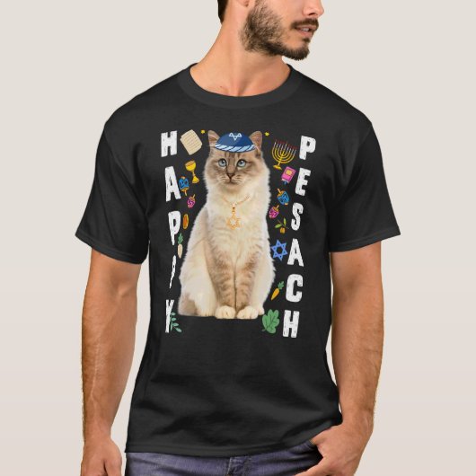 Jewish Cat Kippah Happy Pesach Matzah Passover Hol T-shirt (Voorkant)