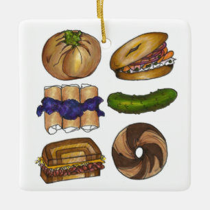 Jewish Deli Foods Pickle Knish Blintz Bagel Lox Keramisch Ornament