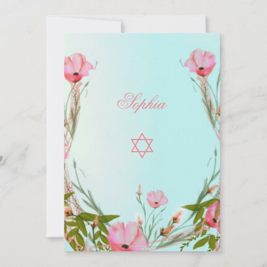 Jewish Floral Blue Pink Baby Naming Star van David Kaart (Achterkant)