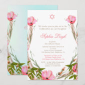 Jewish Floral Blue Pink Baby Naming Star van David Kaart (Voorkant / Achterkant)