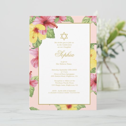 Jewish Girl Baby Naming Pink Floral Hibiscus Kaart (Staand voorkant)