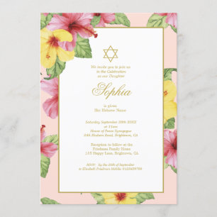 Jewish Girl Baby Naming Pink Floral Hibiscus Kaart