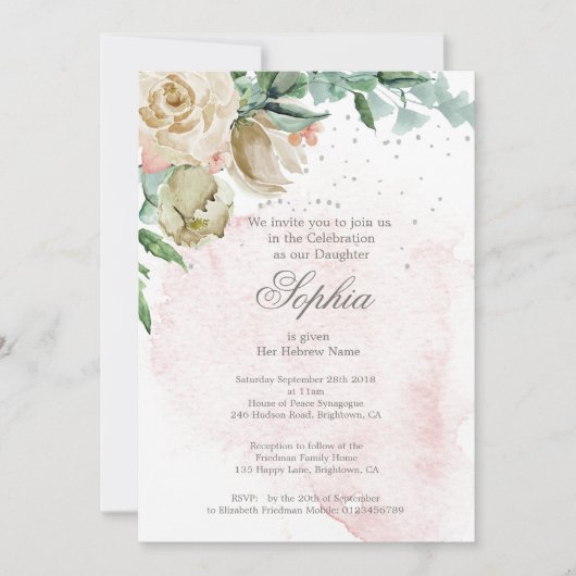 Jewish Girl Baby Naming roze Roses Gold Kaart (Voorkant)