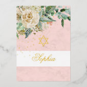 Jewish Girl Gold Baby Naming Pink Roses Religieuze Folie Uitnodiging (Voorkant)