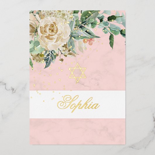 Jewish Girl Gold Baby Naming Pink Roses Religieuze Folie Uitnodiging (Voorkant)