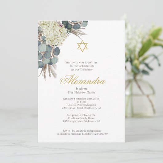 Jewish Girl Photo Naming Floral Blue Gold Kaart (Staand voorkant)