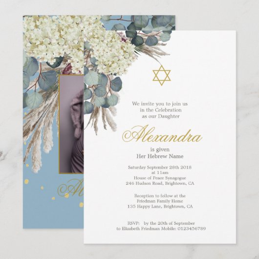 Jewish Girl Photo Naming Floral Blue Gold Kaart (Voorkant / Achterkant)