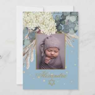 Jewish Girl Photo Naming Floral Blue Gold Kaart