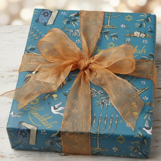 Jewish Happy Hanukkah Menorah & Olive Branches Cadeaupapier