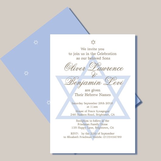 Jewish Hebrew Twin Boys Naming Invitation Kaart
