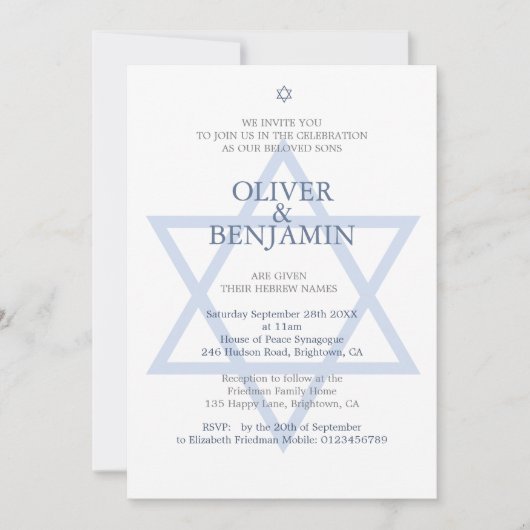 Jewish Hebrew Twin Boys Naming Invitation Kaart (Voorkant)