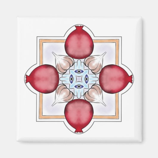 Jewish Luck Magnet - Pomegranate, Hamsa, Knoflook (Voorkant)