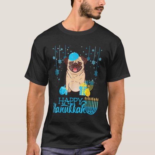 Jewish Pug Dog Menorah Hanukkah Pajamas Chanukah P T-shirt (Voorkant)