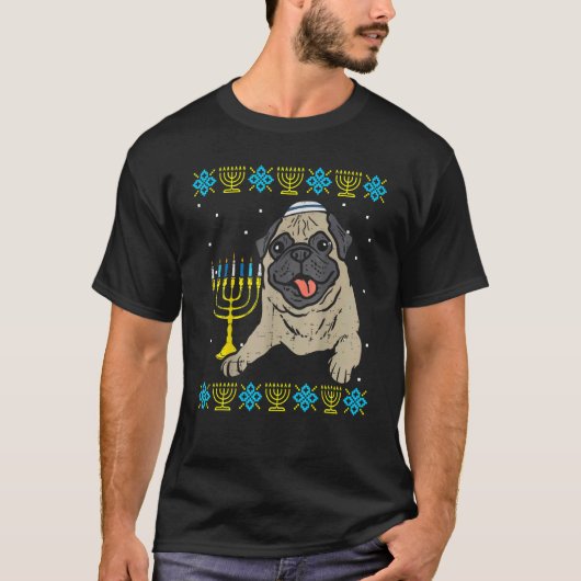 Jewish Pug Dog Menorah Ugly Hanukkah Pajamas Chanu T-shirt (Voorkant)