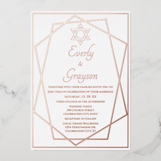 Jewish Star Geometric Lijst Roos Gold Wedding Folie Uitnodiging (Voorkant)