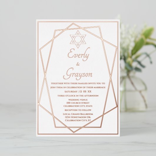 Jewish Star Geometric Lijst Roos Gold Wedding Folie Uitnodiging (Staand Voorkant)
