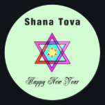 Jewish Star Shana Tova Ronde Sticker<br><div class="desc">Shana Tova Jewish Star is voorzien van Hebreeuwse stijl gekleurd glas Star van David en zonnige groet voor een Happy Nieuwjaar.</div>