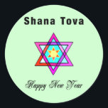 Jewish Star Shana Tova Ronde Sticker<br><div class="desc">Shana Tova Jewish Star is voorzien van Hebreeuwse stijl gekleurd glas Star van David en zonnige groet voor een Happy Nieuwjaar.</div>