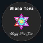 Jewish Star Shana Tova Ronde Sticker<br><div class="desc">Shana Tova Jewish Star is voorzien van Hebreeuwse stijl gekleurd glas Star van David en zonnige groet voor een Happy Nieuwjaar.</div>