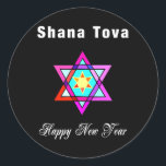 Jewish Star Shana Tova Ronde Sticker<br><div class="desc">Shana Tova Jewish Star is voorzien van Hebreeuwse stijl gekleurd glas Star van David en zonnige groet voor een Happy Nieuwjaar.</div>