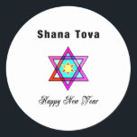 Jewish Star Shana Tova Ronde Sticker<br><div class="desc">Shana Tova Jewish Star is voorzien van Hebreeuwse stijl gekleurd glas Star van David en zonnige groet voor een Happy Nieuwjaar.</div>