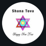 Jewish Star Shana Tova Ronde Sticker<br><div class="desc">Shana Tova Jewish Star is voorzien van Hebreeuwse stijl gekleurd glas Star van David en zonnige groet voor een Happy Nieuwjaar.</div>