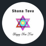 Jewish Star Shana Tova Ronde Sticker<br><div class="desc">Shana Tova Jewish Star is voorzien van Hebreeuwse stijl gekleurd glas Star van David en zonnige groet voor een Happy Nieuwjaar.</div>