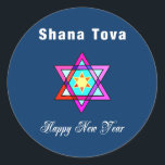 Jewish Star Shana Tova Ronde Sticker<br><div class="desc">Shana Tova Jewish Star is voorzien van Hebreeuwse stijl gekleurd glas Star van David en zonnige groet voor een Happy Nieuwjaar.</div>