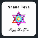 Jewish Star Shana Tova  Vierkante Sticker<br><div class="desc">Shana Tova Jewish Star is voorzien van Hebreeuwse stijl gekleurd glas Star van David en zonnige groet voor een Happy Nieuwjaar.</div>