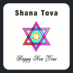 Jewish Star Shana Tova Vierkante Sticker<br><div class="desc">Shana Tova Jewish Star is voorzien van Hebreeuwse stijl gekleurd glas Star van David en zonnige groet voor een Happy Nieuwjaar.</div>